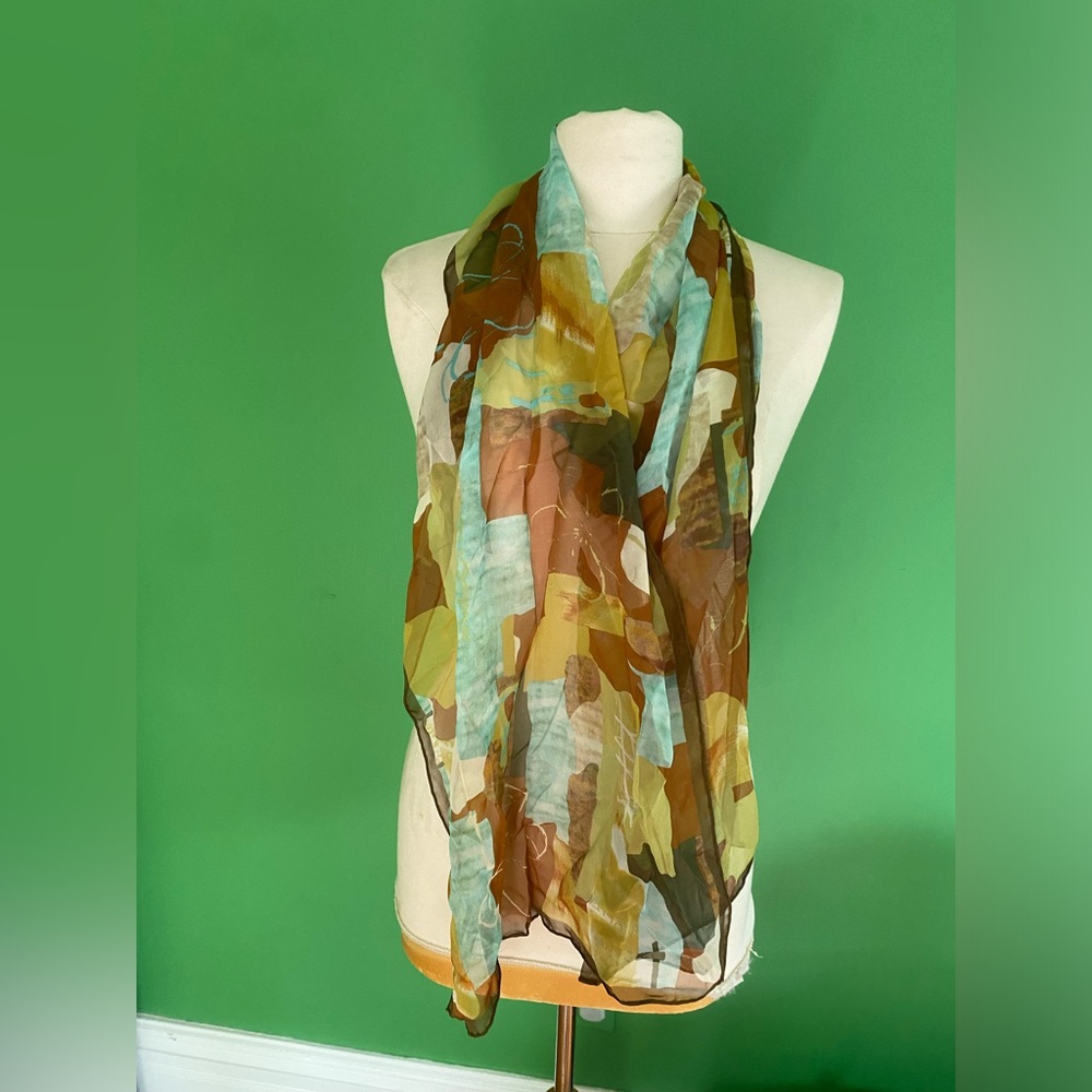 Vintage Renato Balestra sheer silk leaves Print Scarf in Teal, Mustard & Brown